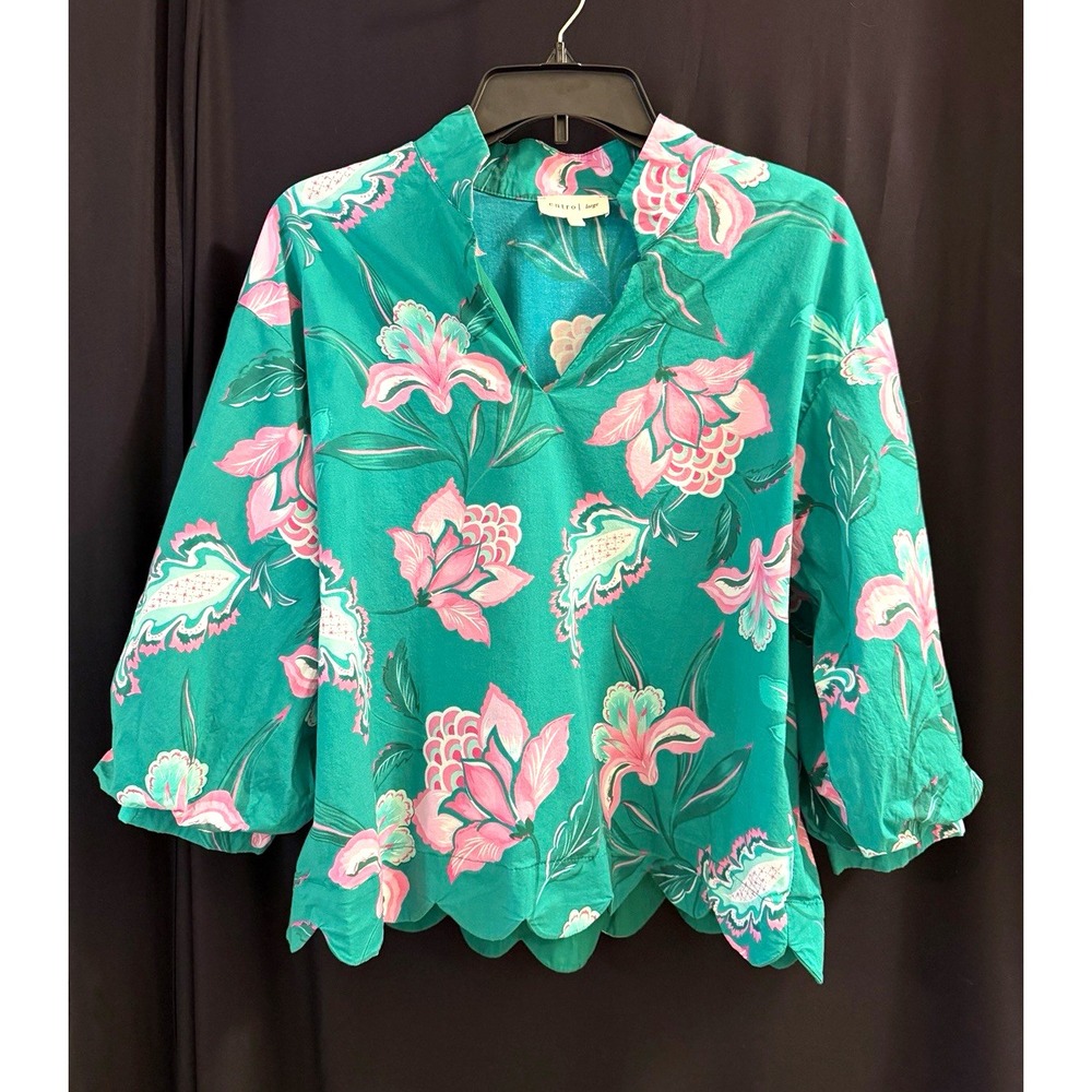 Entro Women's Blouse L Green Pink White Floral V-Neck 3/4 Sleeve T29805